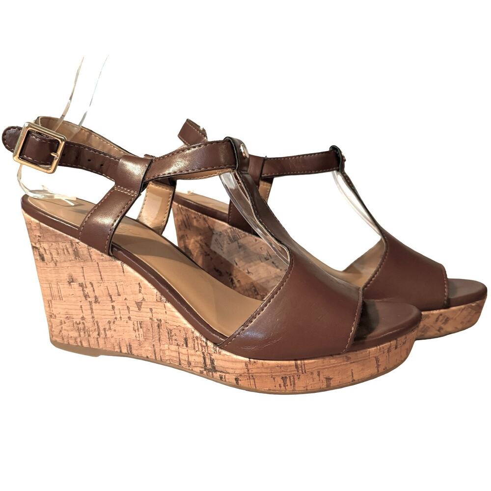 Franco Sarto Maxine Brown Leather T Strap Sandals Cork Wedge Wedges Shoes sz 8